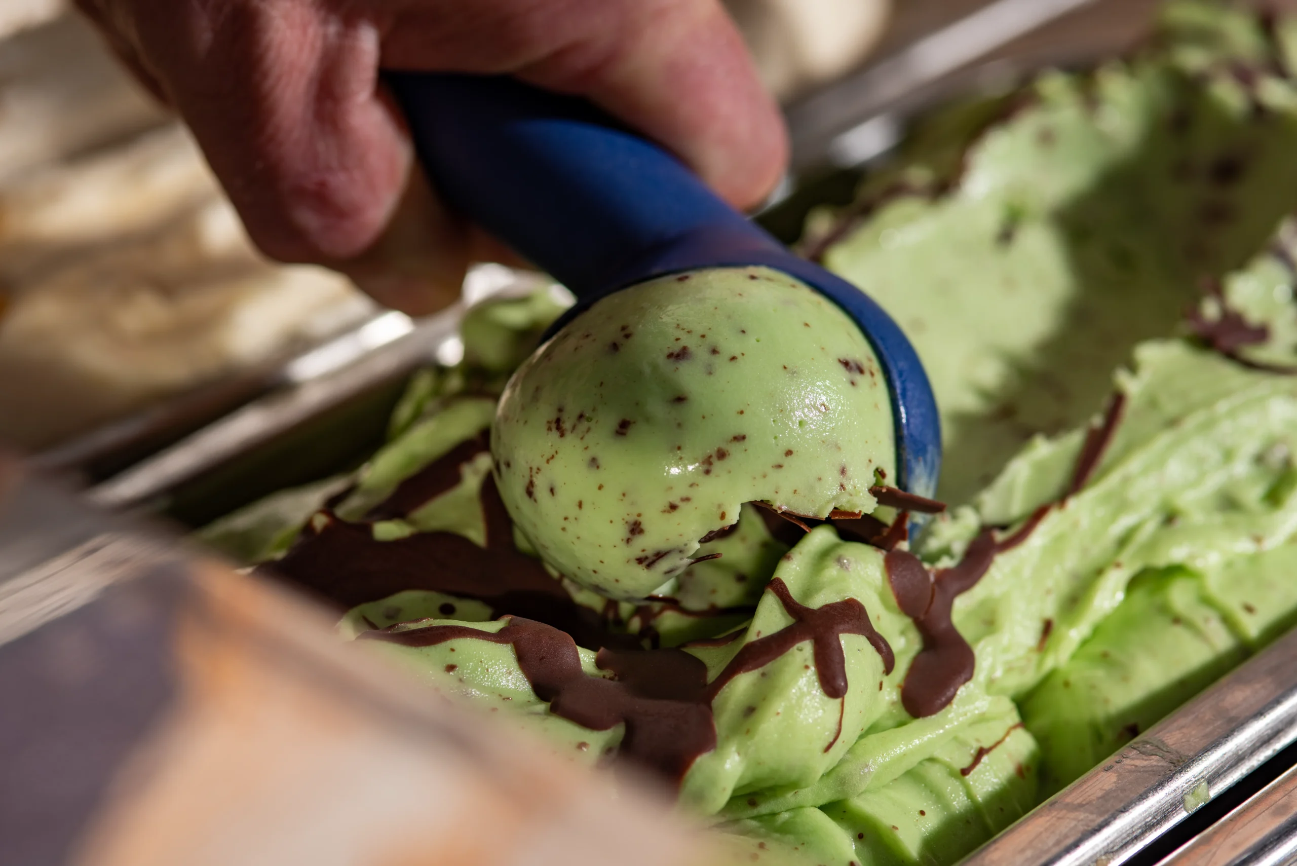 Nahaufnahme einer Kugel Minz-Schokoladen-Eis, die mit einem Eisportionierer aus der Wanne entnommen wird.
